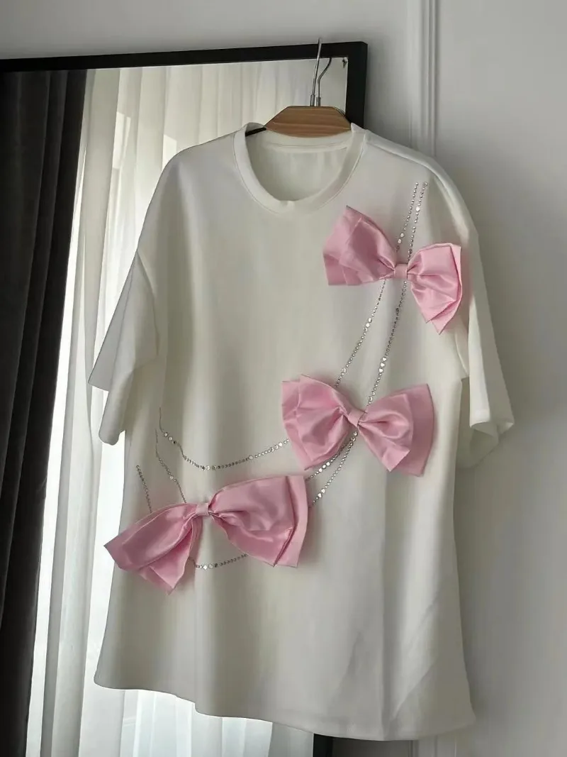 Hot Pressed Cotton Short Sleeved Oversized T Shirt Casual Three-dimensional Bow Decoration Medium Long Temperament Tops
