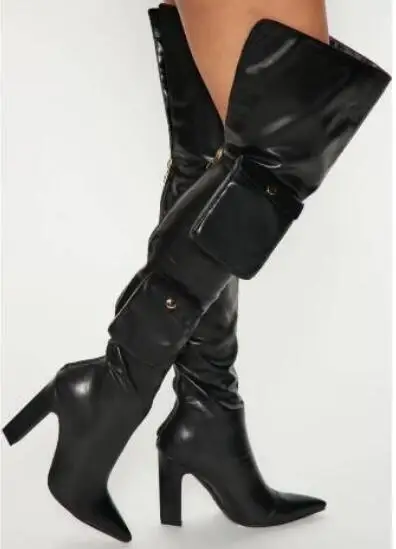 Drop Shipping Black Soft Leather Camouflage Pointed Toe Pocket Square Heel Big Calf V Open Over The Knee Boots Women Thigh Boots