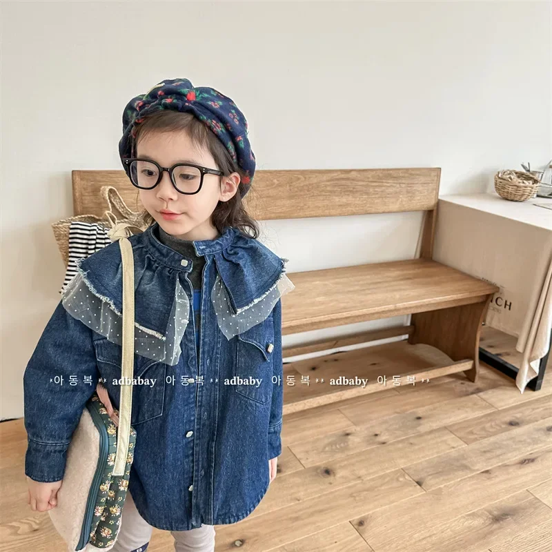 

2025 Winter Autumn Little Girls Denim Jacket Korean Style Children's Warm Long Sleeve Coat Tops Kids Lace Blouse Cardigan Jacket