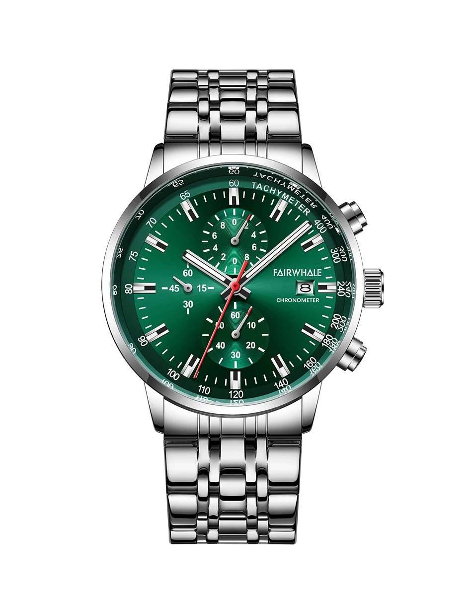 Luxury Men's Army Green Dial Watch High-Quality Steel Waterproof Chronograph Quartz Wristwatch