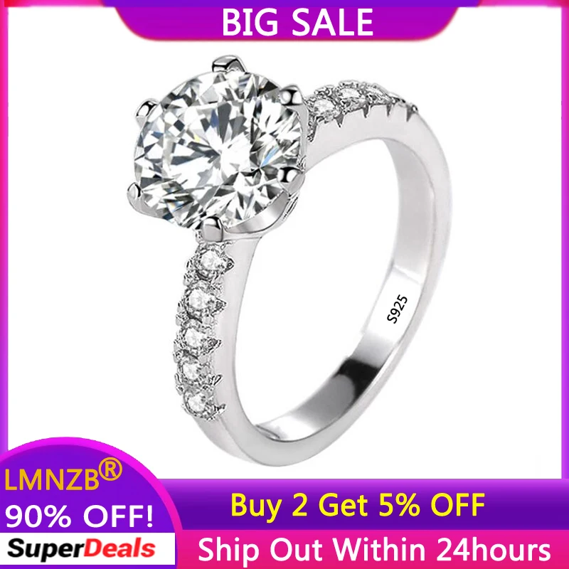 LMNZB Luxury Tibetan Silver Engagement Wedding Ring Classic Six claws 2CT 8MM CZ Zircon Rings For Women Jewelry LXR427