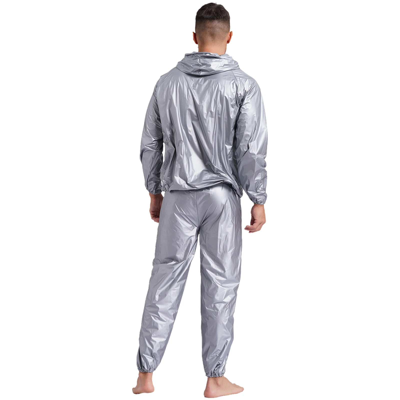 Mens Sauna Sweat Outfit Long Sleeve Hooded Jacket Outerwear and Elastic Waist Long Pants PVC Sweating Suit for Gym Workout