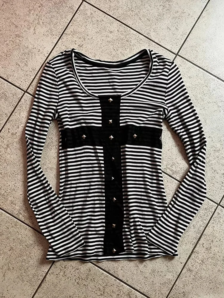 Y2K Women Black White Striped Long Sleeve Top Studded Cross Design Slim Fit Shirt Vintage 2000s Streetwear Casual Tee