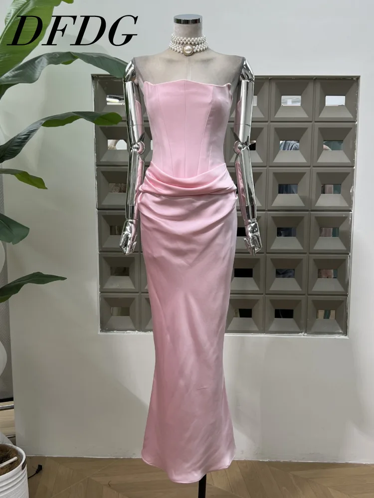

DFDG 2025 Women’s Gentle Ruched Mermaid Dress Strapless Fishtail Elegant Bodycon Evening Banquet Maxi Spring Summer Party Dress