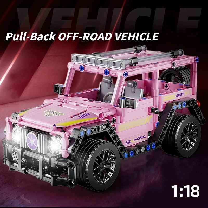 400pcs MOC Technical SUV Off-Road Pull-Back Car Building Blocks, 1:18 Rare Pink Color Vehicle Model Kit, STEM Holiday Gift
