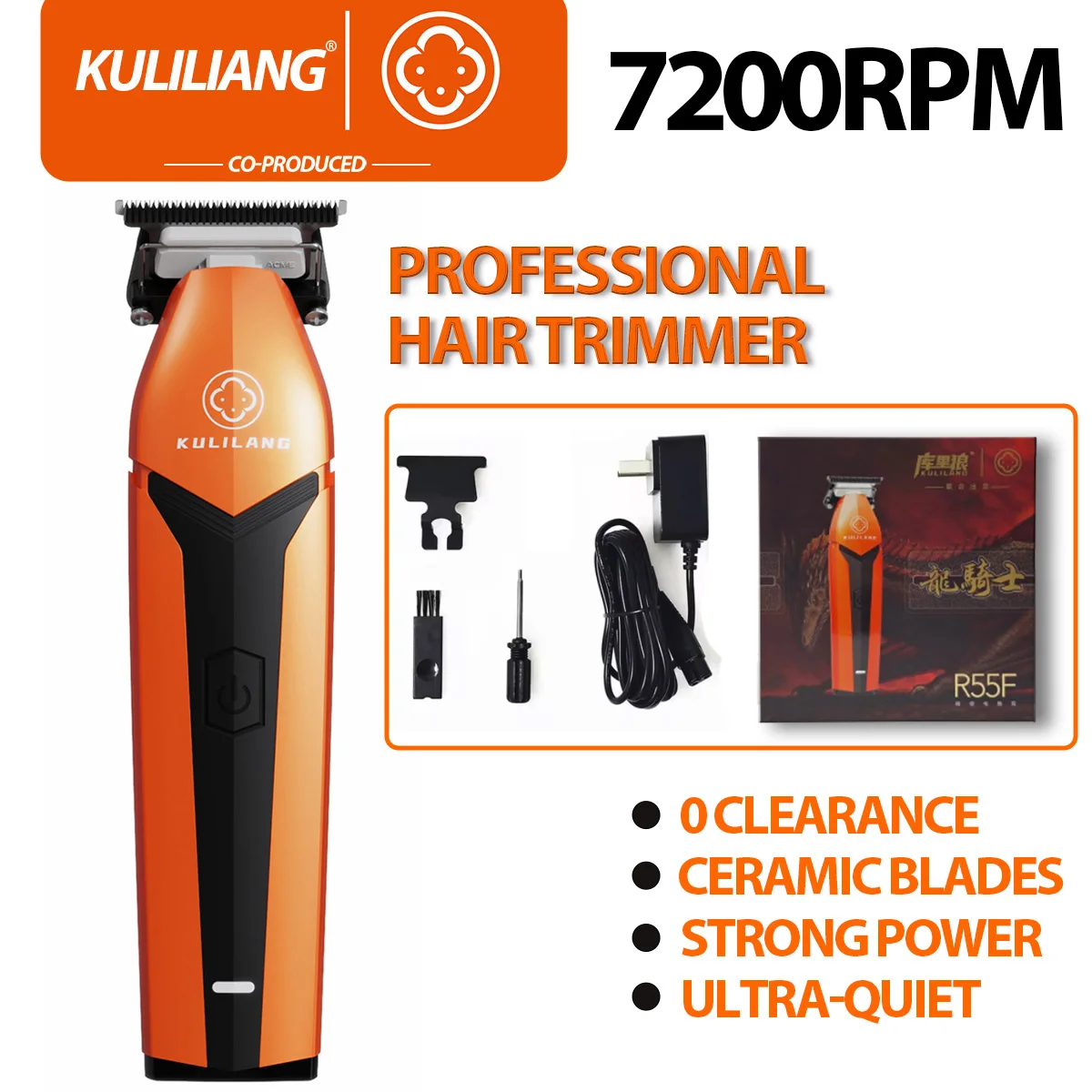 KULILANG R55F Orange Professional Line Trimmer Electric Cordless Hair Trimmer Hair Salon Low Noise Quality Men's Hair Clipper