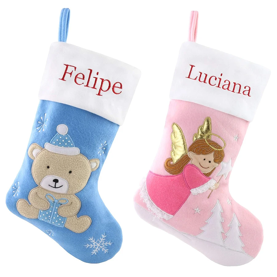 Chaussette d'ange brodée pour bébé, bas de décoration de Noël, dessin animé chaud, décor d'arbre de Noël, cadeau d'ornements de fête