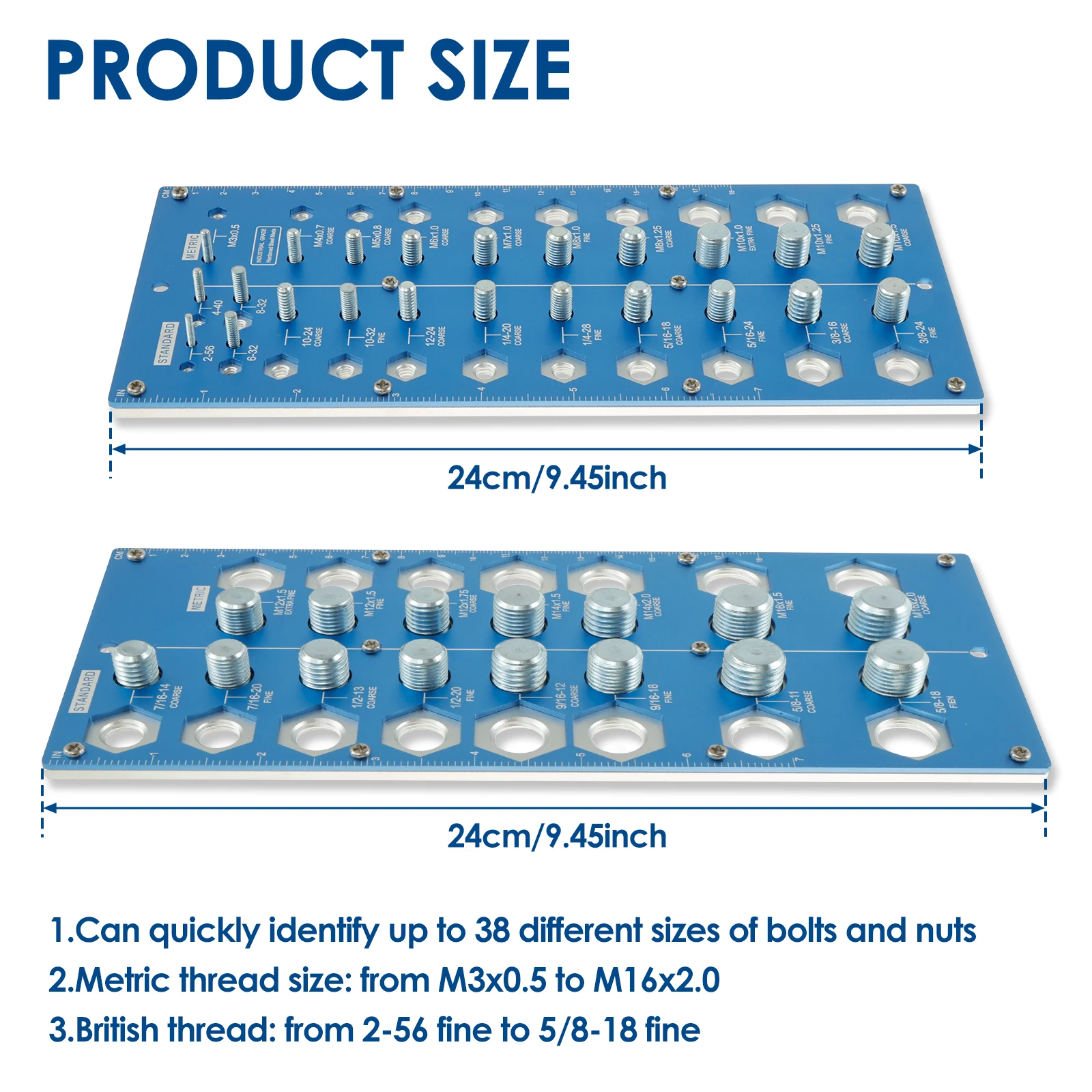 Nut and Bolt Thread Checker ,38 Holes Imperial and Metric Size Bolt Nut Identifier Board ,Screw Size Measuring Tool for Nut Bolt