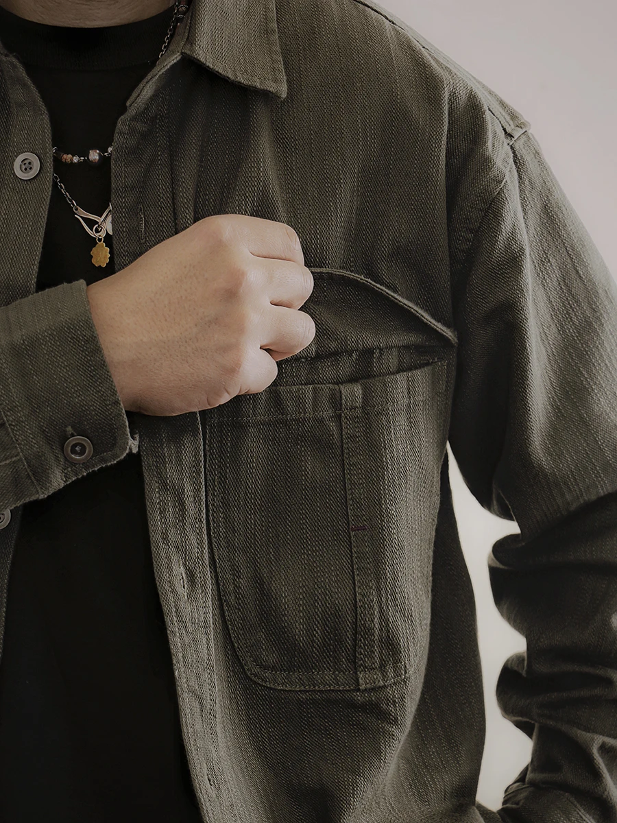 Mens Vintage Work Shirt Long Sleeve Pure Cotton Heavyweight Casual Loose Fit Plus Size High Quality Spring Autumn Army Green Top