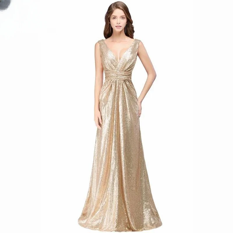 Clearance Evening Dress Golden Sequins V-Neck Sleeveless Pleat Zipper Back Mermaid Floor Length Women Party Formal Gown YS012