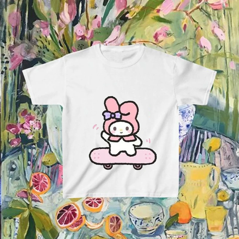 New Summer Sanrio My Melody Girls T-shirt Cartoon Anime Printed Korean Style Fashion Casual T-shirt Tops