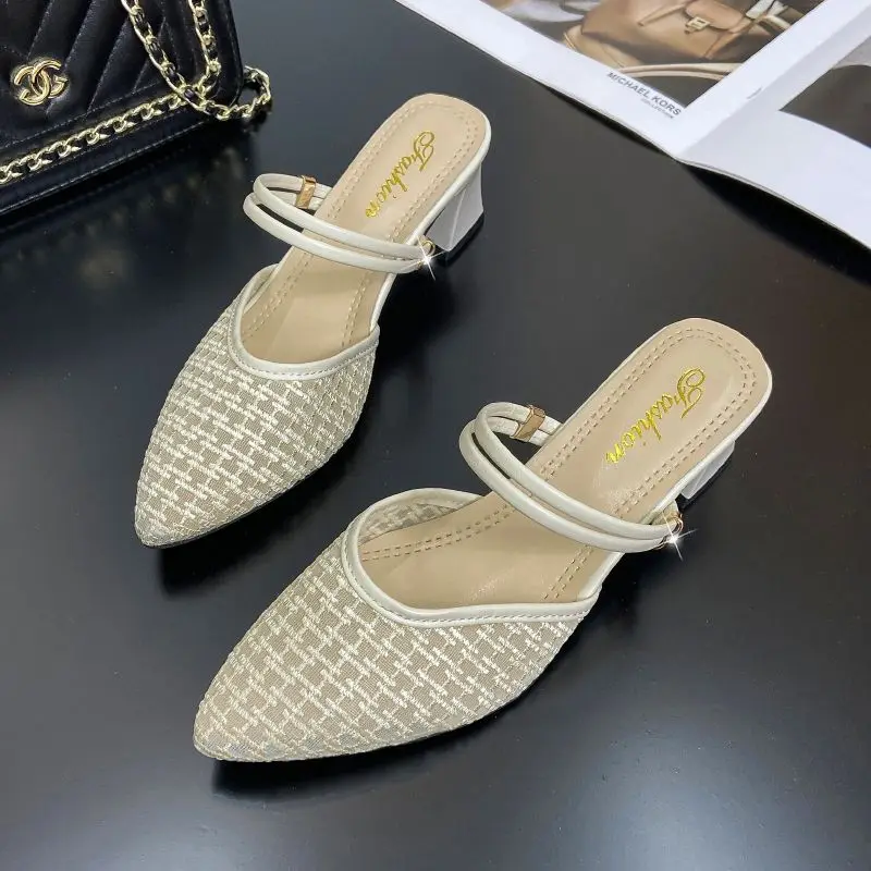 2023 Summer Sexy Pointed Toe Sandals Thin Strap Mulles White Yellow Women Shoes Elegant Women Fashion Square Heels Slippers