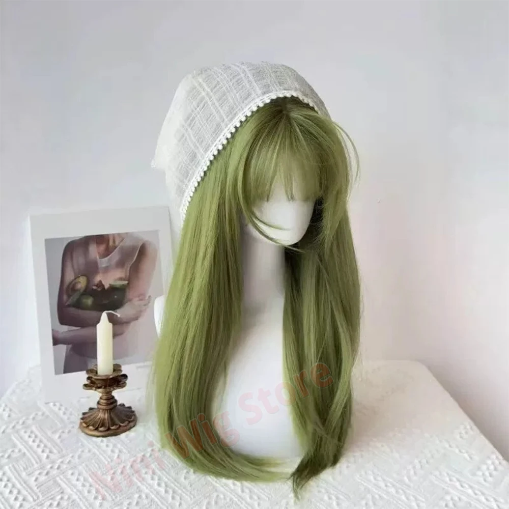 Green Long Straight Wig with Bangs for Women Natural Synthetic Hair Cosplay Wig Heat Resistant Wigs for Daily Halloween Party