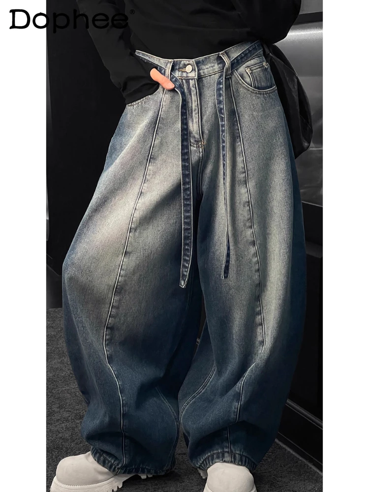 

Men's 2025 Autumn Winter New High-End Belt Loose Comfort Denim Trousers Solid Color Wide-Leg Jeans Fashion Versatile Denim Pants