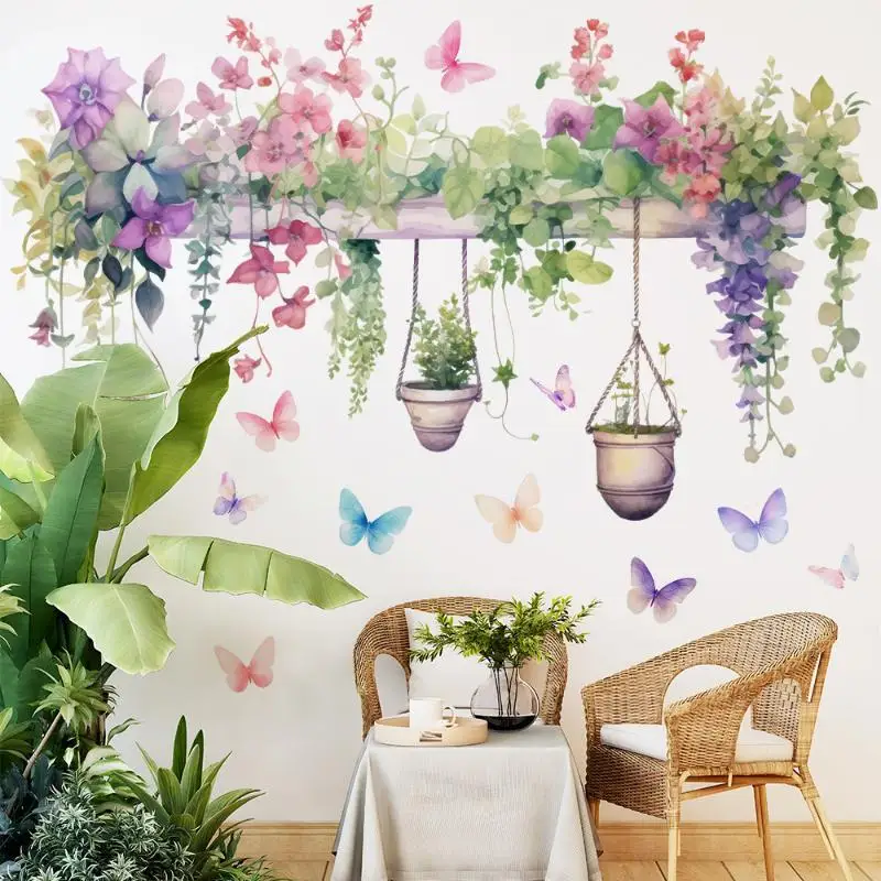 Watercolor Hanging Flower Wall Stickers Self Adhesive Colorful Butterflies for Coffee Shop Bookstore Wall Decoration