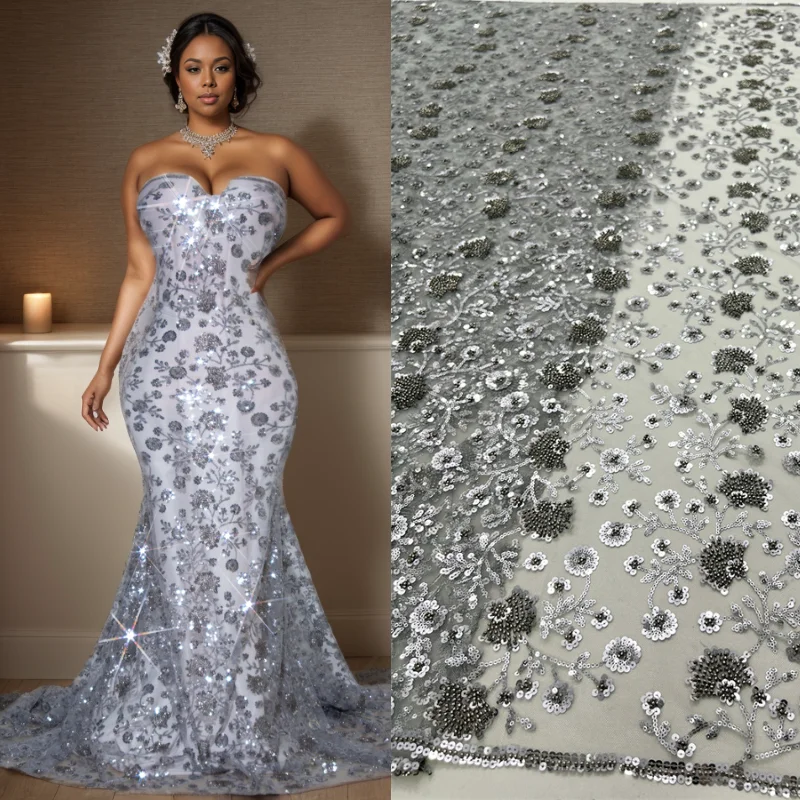 

SJD French Net Embroidery Sequins Lace With Beads 2024 High Quality African Beaded Sequins Lace Fabric For Women Wedding Dresses