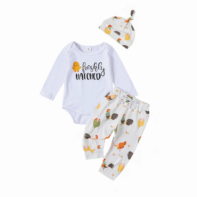 Baby Girls Boys Fall Outfits Letter Chick Print Long Sleeve Rompers Rooster Hen Print Long Pants Hat 3Pcs Clothes Set