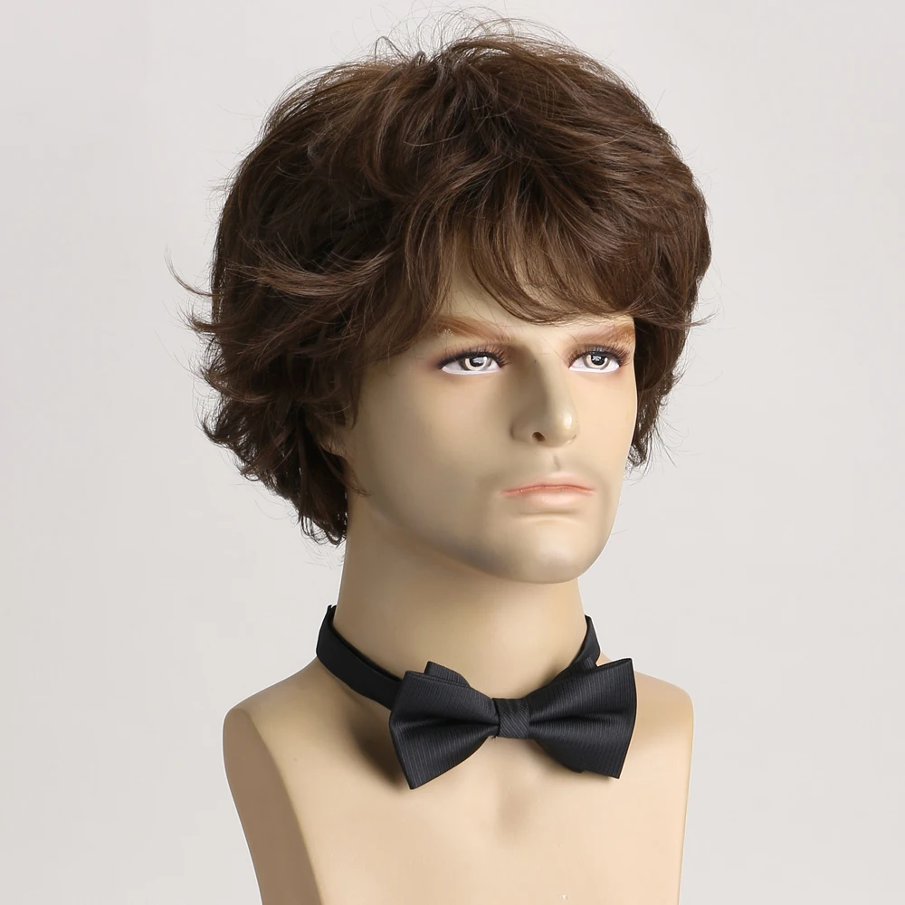 Short Synthetic Curly Brown Wig for Men Layered Heat Resistant Wigs With Bangs For Daily Use Costume Party Holiday Dating