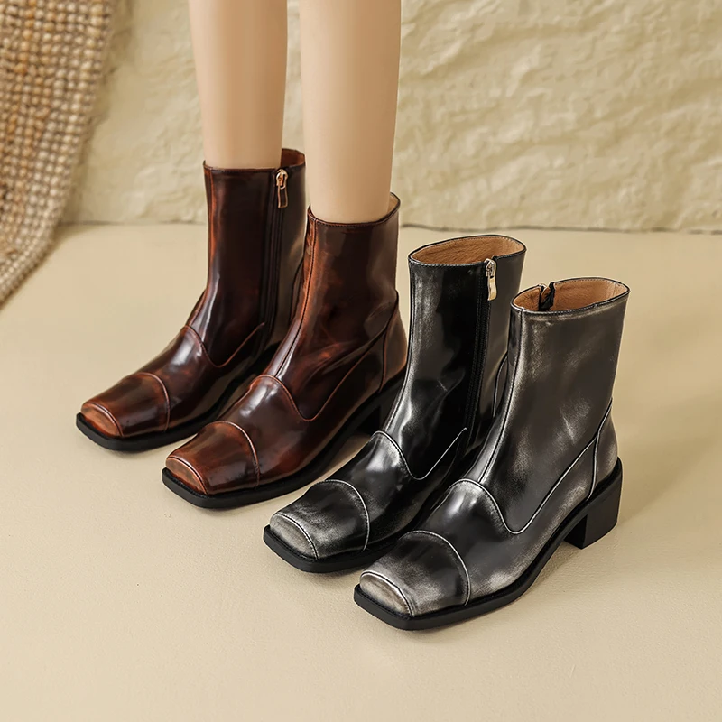 Botas de couro genuíno estilo retrô para mulheres, zíper lateral, dedo do pé quadrado, salto grosso, senhora do escritório, novo, outono, inverno, 2022