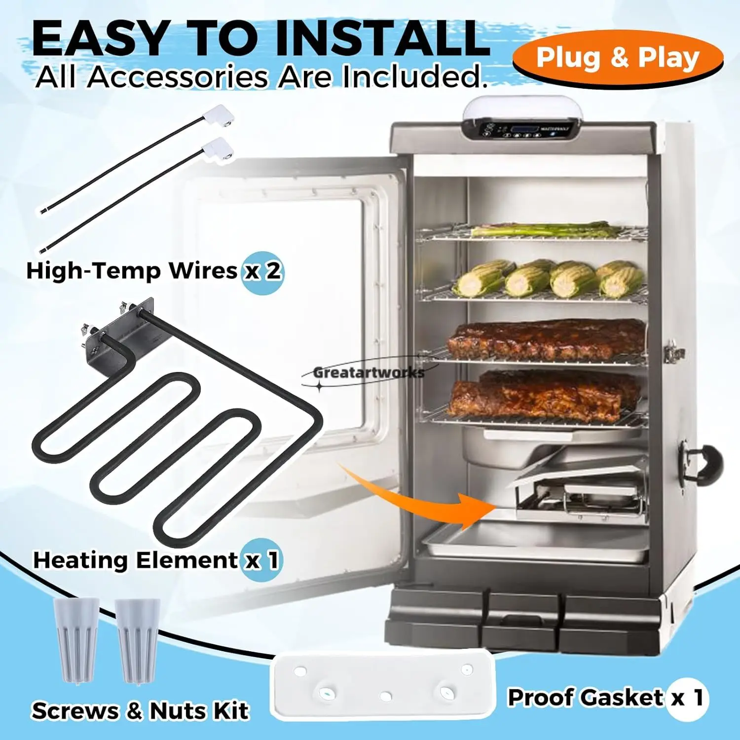 1200W Electric Smoker Heating Element Kit 9907120027 for Masterbuilt 40” Electric Digital Control Smokers 20072712 CHRFDES402103
