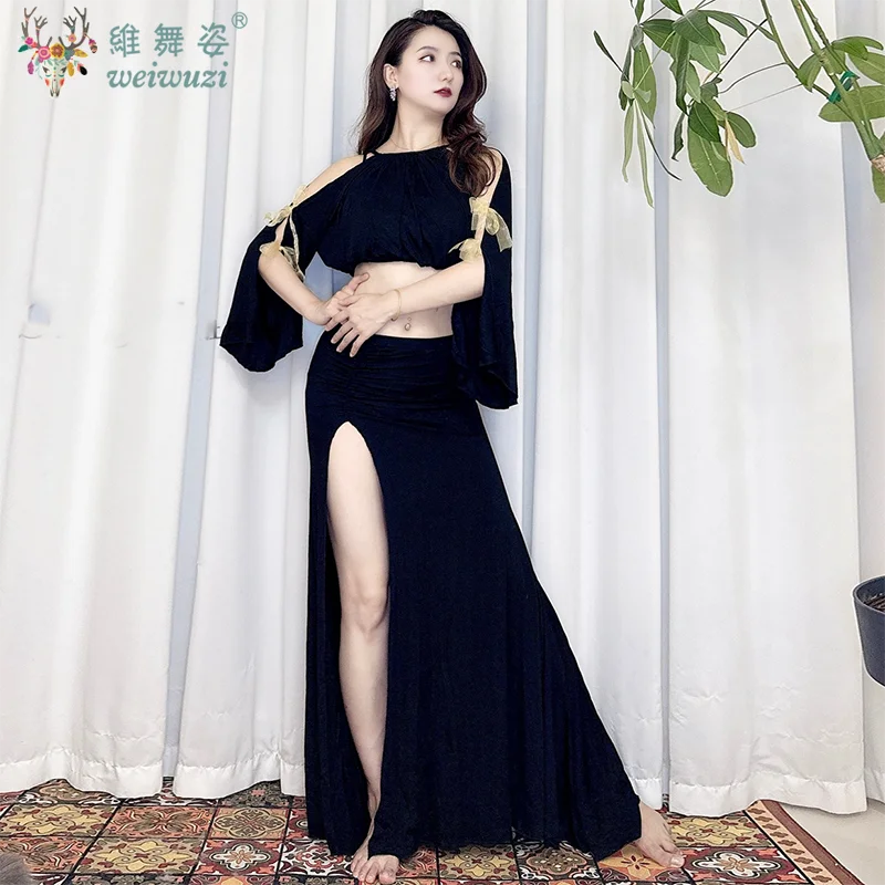 Danse du ventre femme adulte élégant Modal haut vêtements d'entraînement costume Oriental Dancewear taille haute chemise jupe longue ensemble de performance