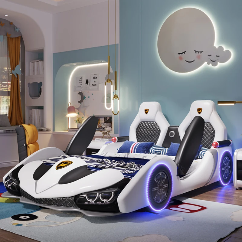 Cama doble de cuero con dibujos animados para niños y niñas, cama individual con barandilla, coche de carreras creativo, venta al por mayor de fábrica