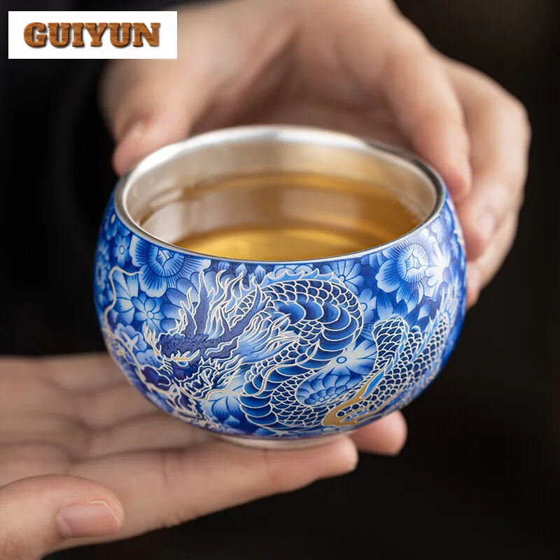 130ml High End 999 Gilt Silver Tea Cup Small Arhat Dargon Pattern Master Cup Personal Tea Bowl Water Jug Chazhan Kung Fu Teaware