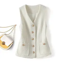 Women Clothing Stylish Vintage Luxury Chic Tweed Vest Jacket Elegant V Neck Sleeveless Outerwear Solid Slim Fit Button Waistcoat