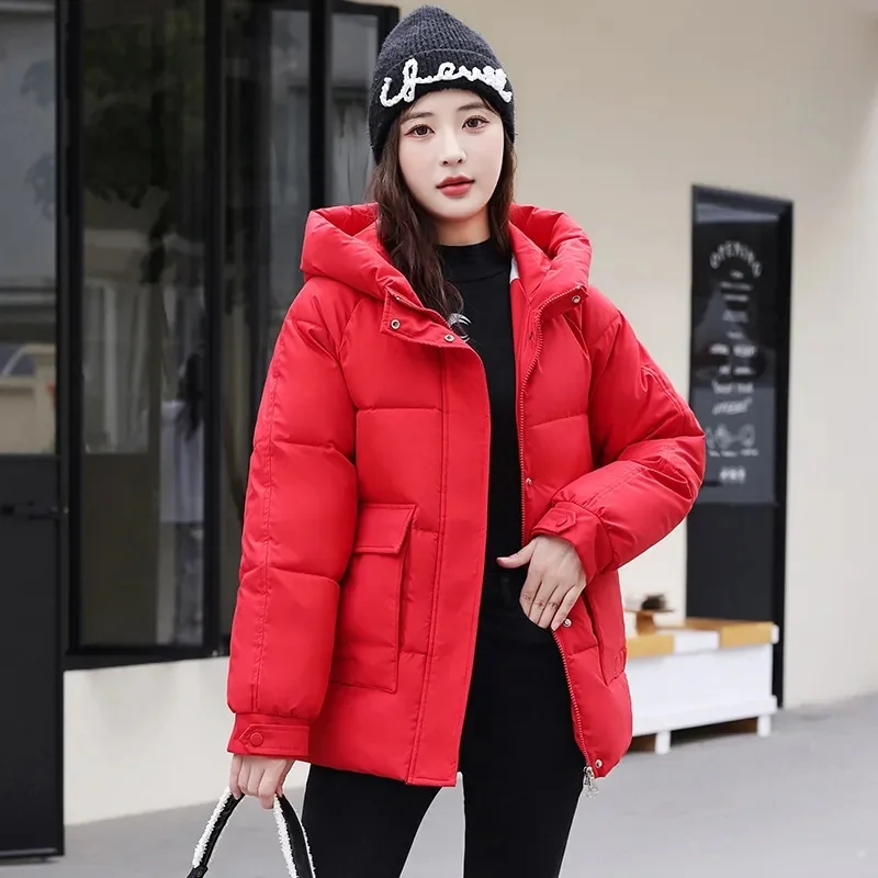 Winter Loose-fit Hooded Down Cotton Coat For Women Trendy Student Cotton Jacket Pocket Thick Warm Winter Outerwear