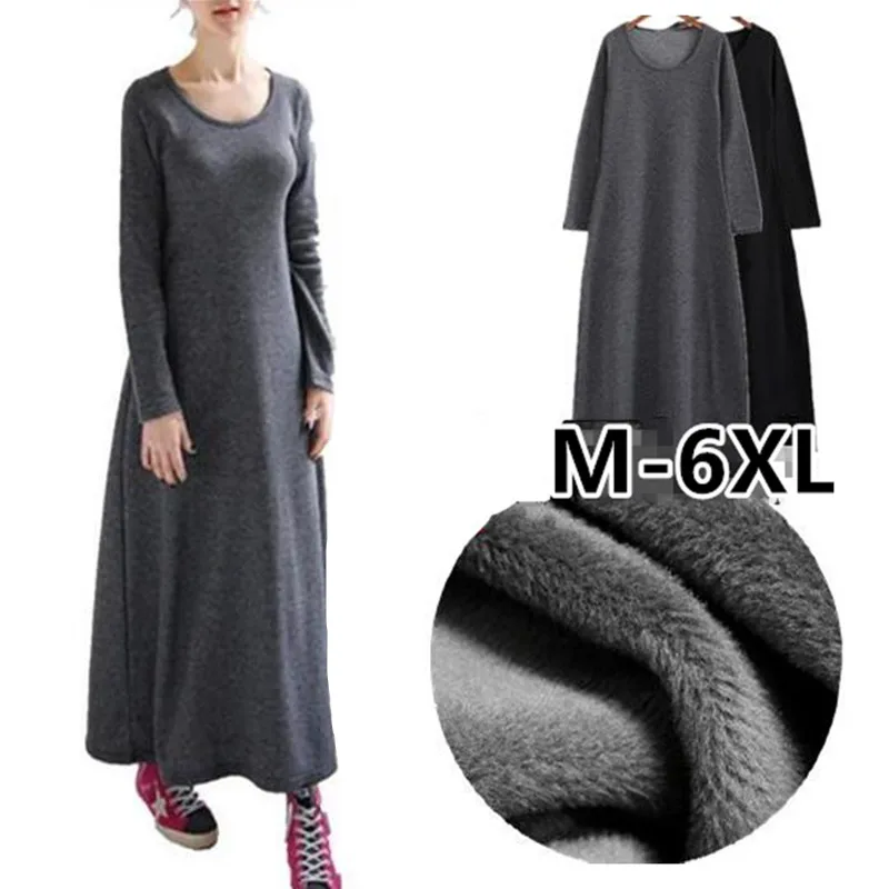 Fashion women Casual long sleeve Autumn dress Thickening warming Winter dress solid maxi dress vestidos elegantes para mujer