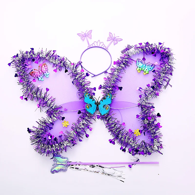 Conjunto de 3 alas de hada de mariposa para niñas, disfraz de princesa brillante, recuerdo de fiesta, accesorios de disfraces de alas de hada