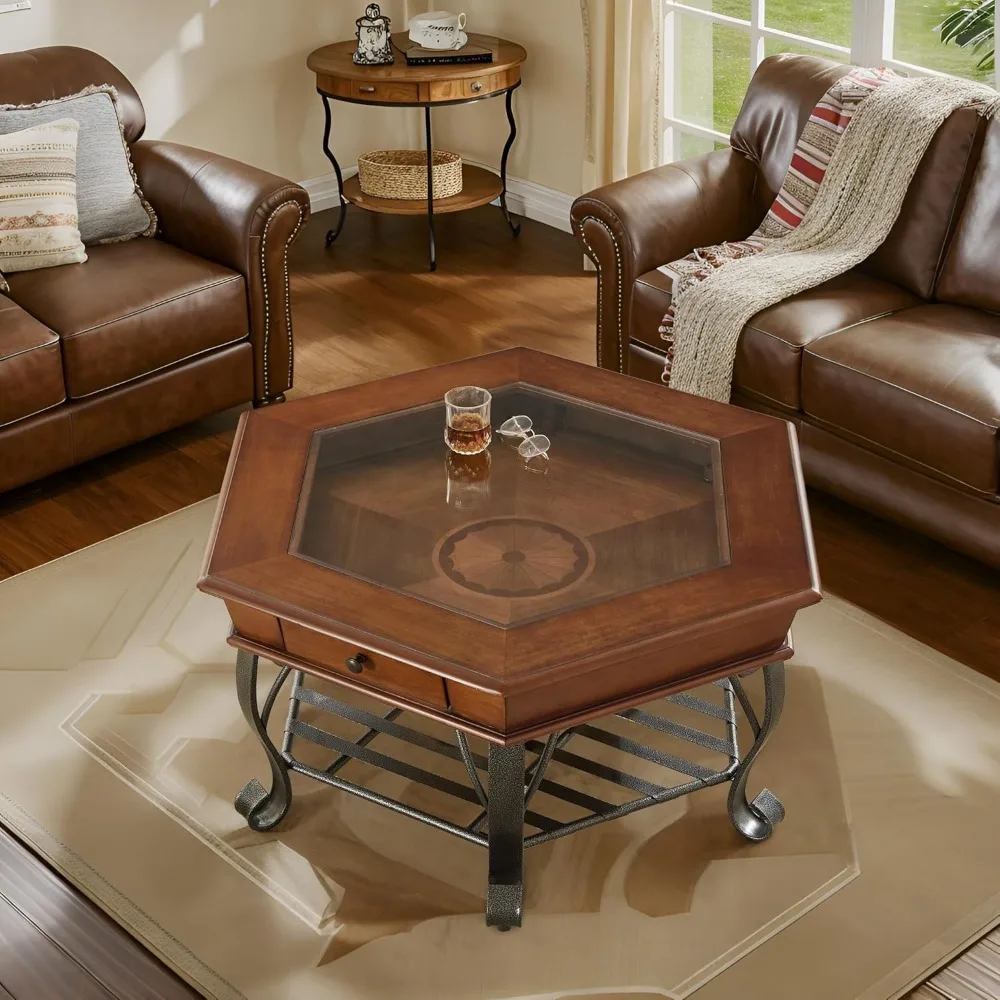 Retro Hexagon Wood Coffee Table with Glass Top, 2 Tier Mid-Century Vintage Coffee Table with Drawer ＆ Metal Leg for Living Room