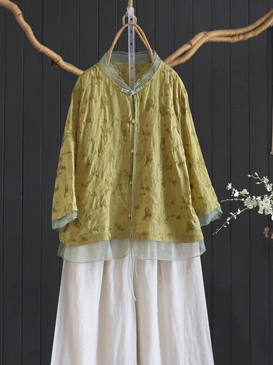 캐주얼 자수 패치워크 큰 사이즈 여성용 싱글 버튼 스탠드 칼라 세븐 슬리브 루즈 올매치 오픈 가디건