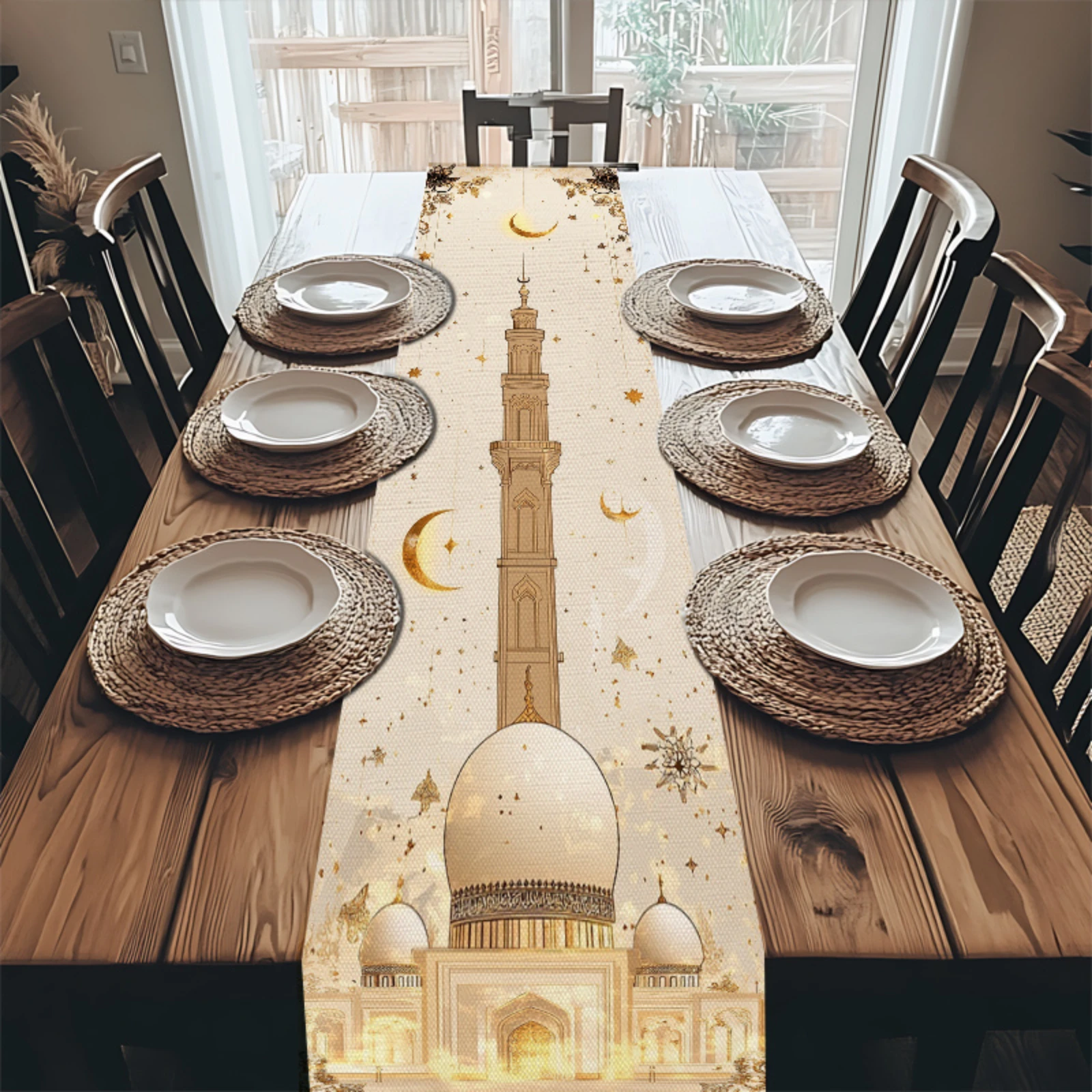 

Islamic Ramadan Table Runner with Islamic Mosque Minaret & Crescent Moon Star Motifs Ramadan Iftar Dinner Party Decor