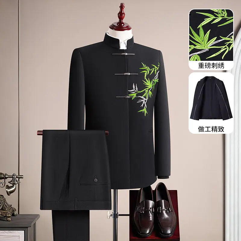 

Traditional Chinese New Seasonal Men's Suit with Mandarin Jacket, Hand-embroidered, Metal Snap Fasteners, Formal Suit Set