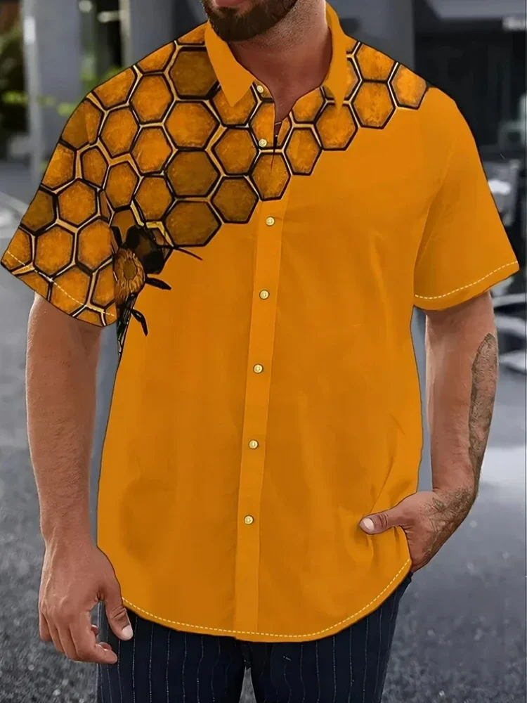 

Men's Yellow Bee 3D Printed Shirt Short Sleeve Lapel Button Summer Casual Hawaiian Shirt Men's Large Size Outdoor Vacation Top