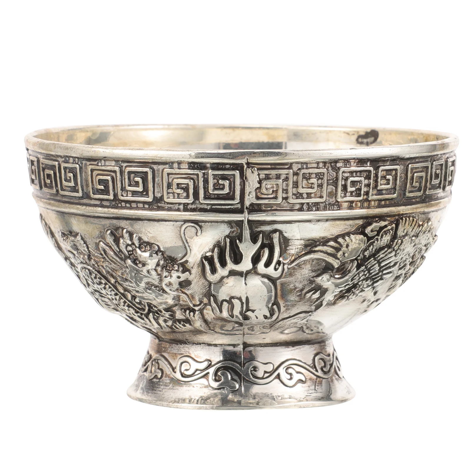 

Vintage Copper Offering Bowl Dragon and Phoenix Carved Patterns Religious Worship Water Offering Cup Temple Sacrifice