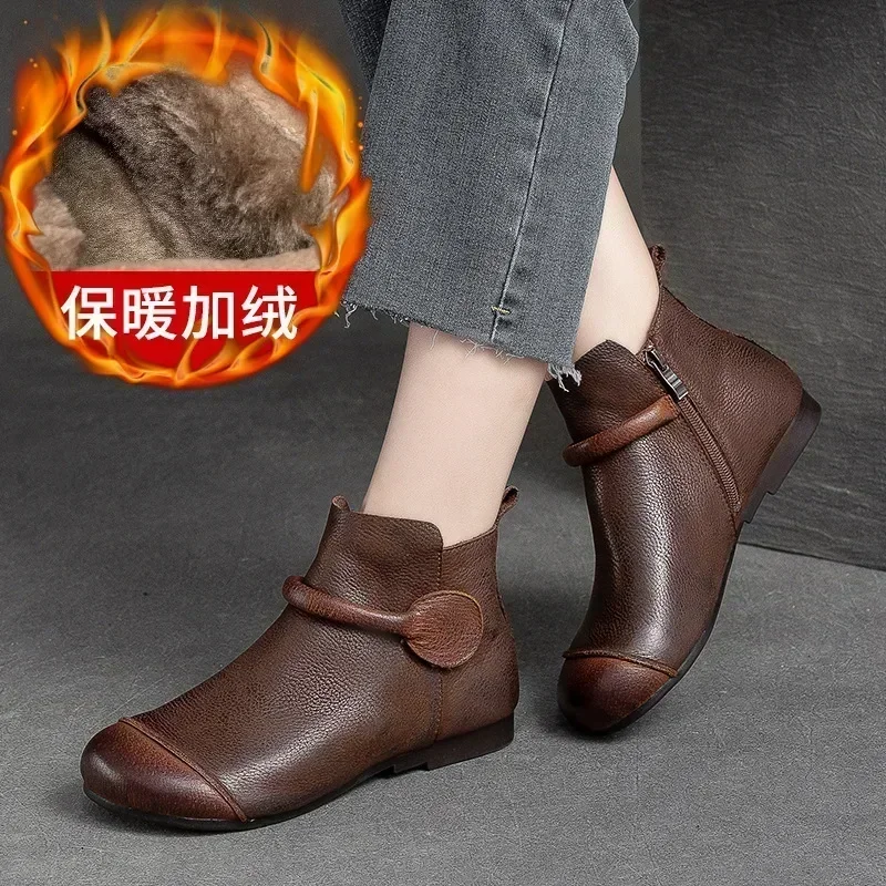 Women's Leather Boot 2023 Autumn-winter New Plush Vintage Round Head Flat Side Zipper Casual Simple Women's Sneakers Women Shoes
