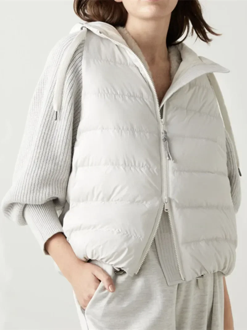 Chaqueta de plumón de lana de Cachemira para mujer, Abrigo con capucha informal cálido, costura de dos piezas, doble cremallera, invierno, 2023