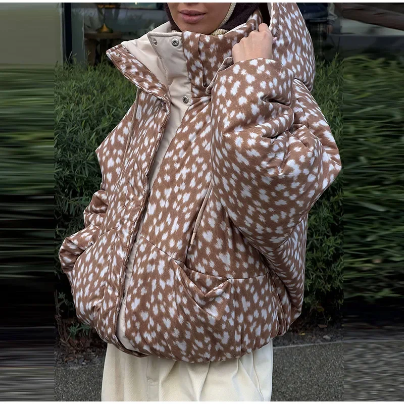 Chic Women's Elk Printed Reversible Padded Coats Hooded Full Sleeve Zip-up Pocket Cotton Jacket 2026 Winter Warm Thicken Outwear