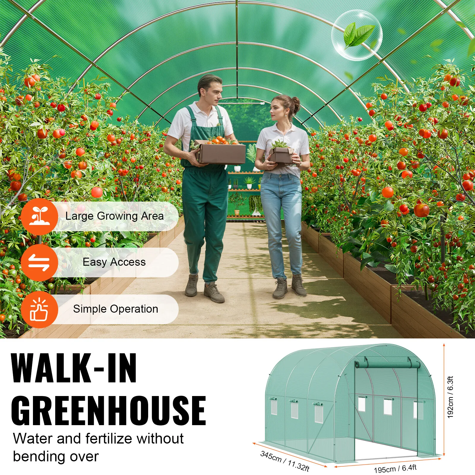 

Walk-in Tunnel Greenhouse 11.32x6.4x6.3ft Galvanized Frame PE Cover Green