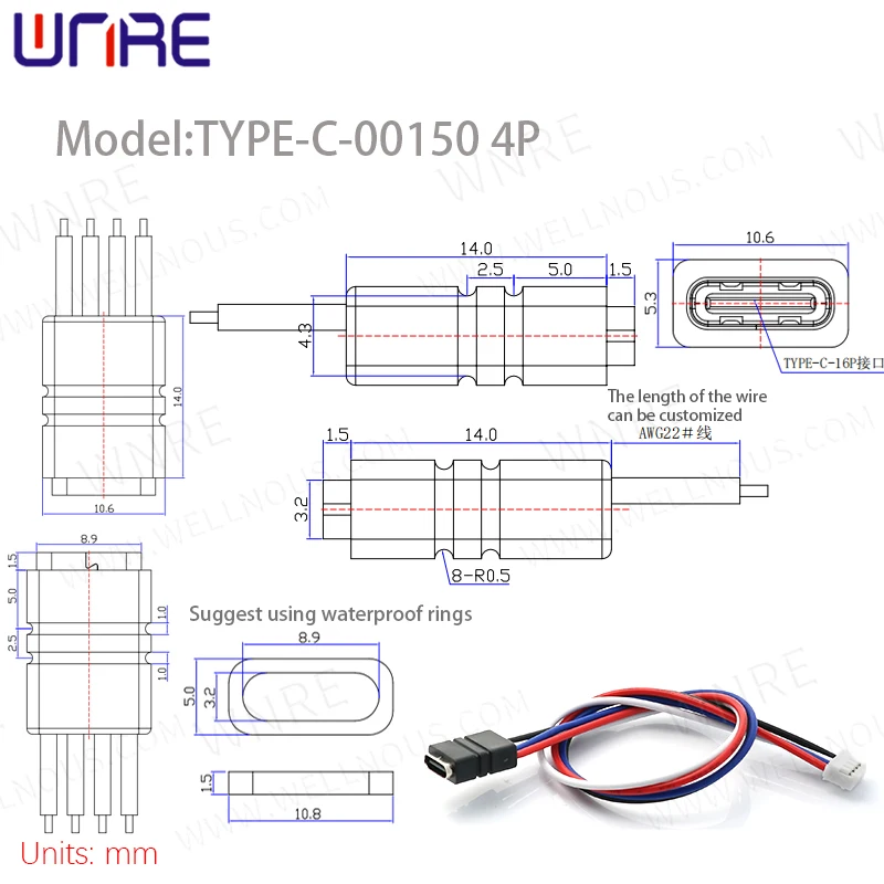 TYPE-00150 Waterproof Socket 4P Encapsulated Fast Charging Data Cable Female Socket Power Connector Port Socket USB Connector