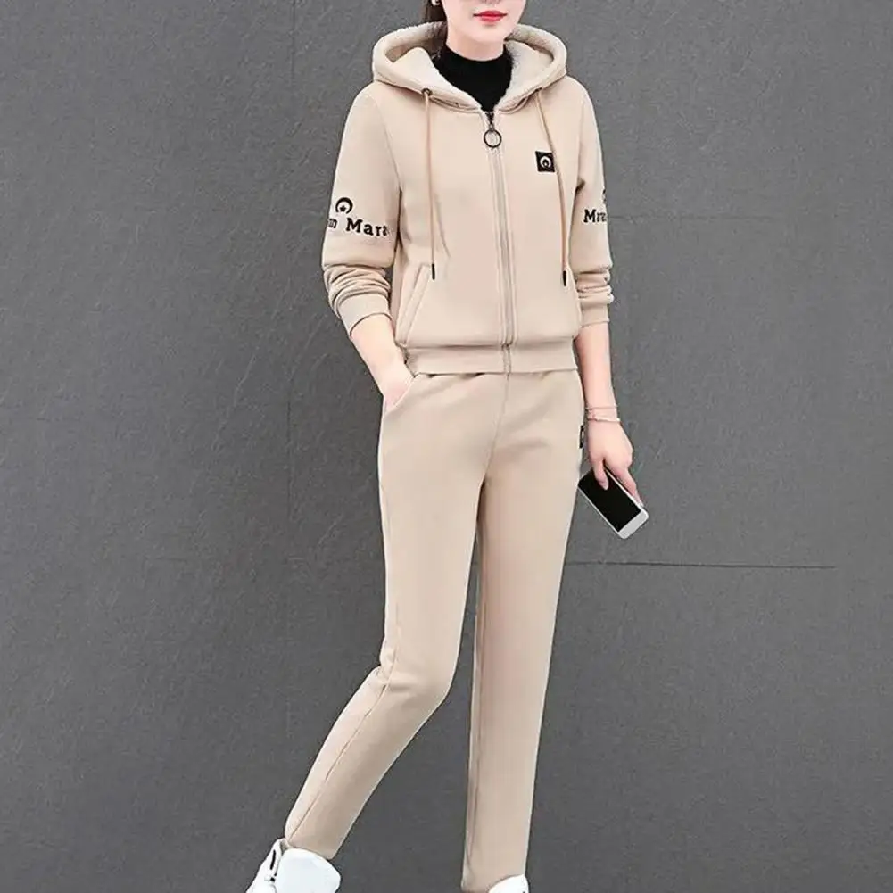 Fleece Warm Casual Sports Hooded Sweatshirt Set Letter Print Thermal Women Suit Plush Hoodie Sweatpants Winter Sports Suit