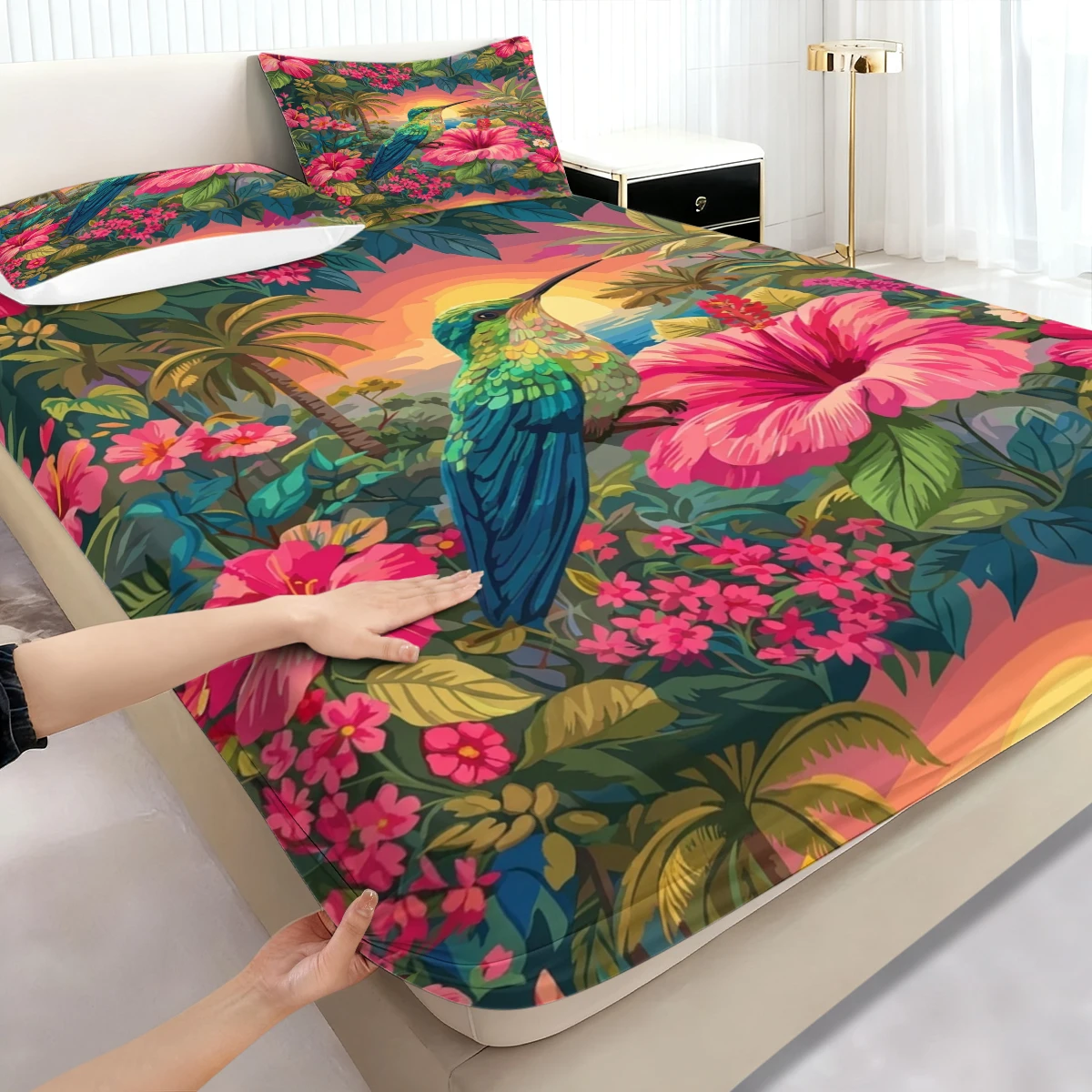 Tropical Hummingbird Hibiscus Fitted Sheet 3PCS, Floral Elastic Mattress Cover with Pillowcases, Bohemian Bedding for Bedroom