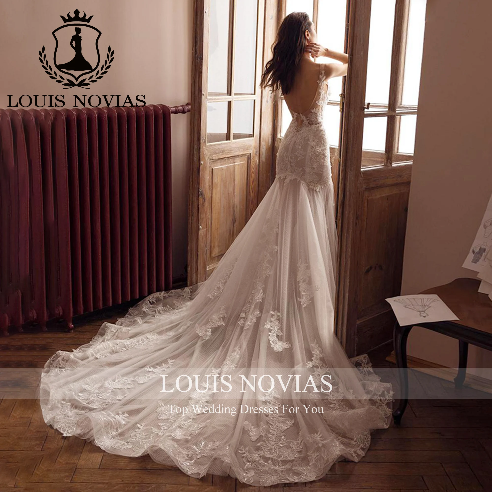 LOUIS NOVIAS Mermaid Wedding Dress 2023 Spaghetti Straps Sweetheart Appliques Champagne Lace Sexy Wedding Gown Vestidos De Novia