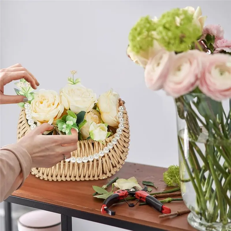 Keranjang Gadis Pengiring Pengantin BAAG-Rattan Dengan Pegangan Mutiara - 2 Buah Keranjang Rotan Setengah Lingkaran Kecil Untuk Penggunaan Pernikahan Piknik Taman