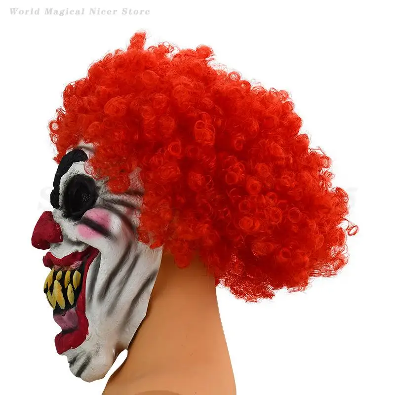 Horror Halloween Maschera da clown Capelli rossi Bocca grande sopra la testa Maschera in lattice Spaventoso Clown Puntelli Cosplay Accessori divertenti Parodia Prop