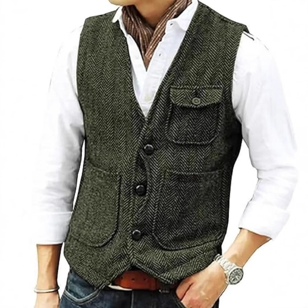 2026 Autumn New Casual Fashion Versatile Men's Retro Rough Herringbone Pattern Suit Vest