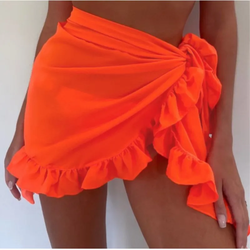 Summer Short Skirt European American Chiffon Pure Color Seaside Vacation Sunscreen Bikini Ear Edge Beach Skirt Women Purple