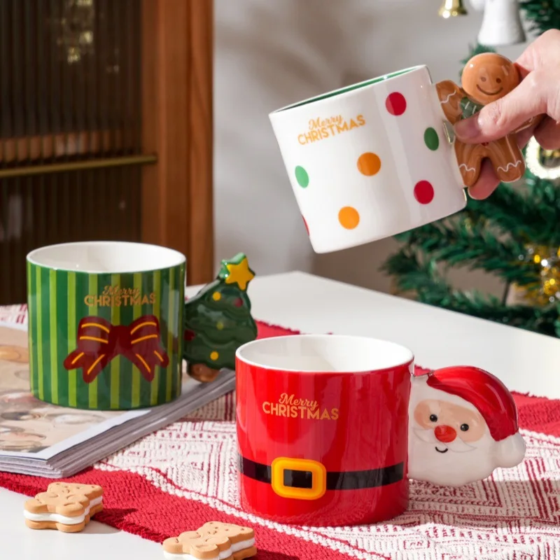 Santa Claus Gingerbread Man Ceramic Mug, Creative Holiday Theme Water Cup,Christmas Gift Office Coffee Cup, Milk Cup with Handle